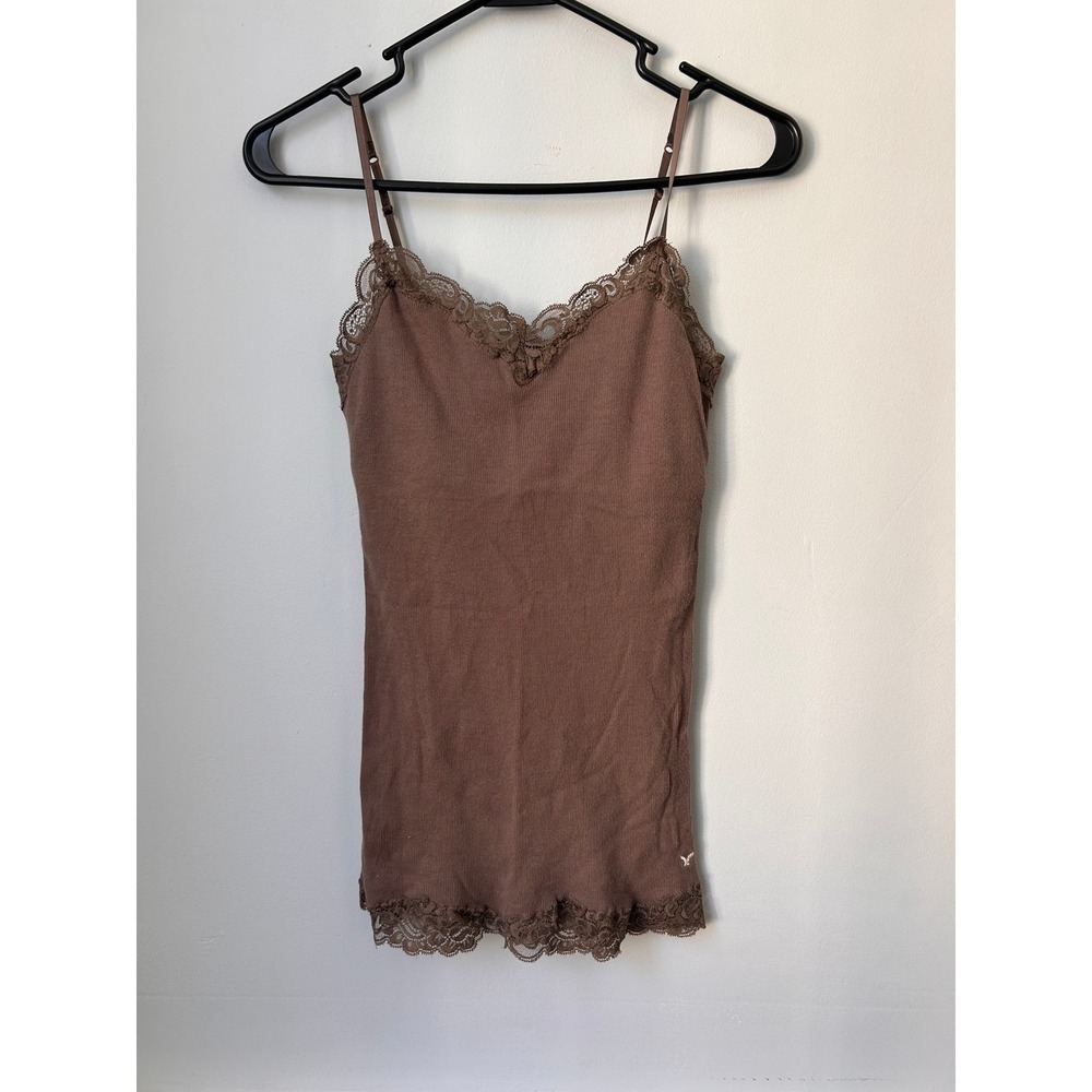 American Eagle Brown Ribbed Lace Trim Cami Tank Top with Shelf Bra Medium
